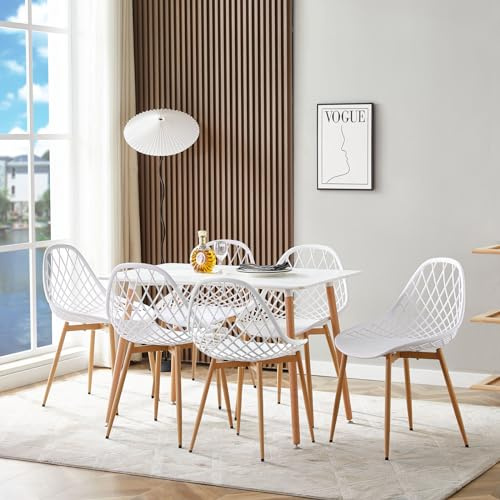 LafeuR trädgårdsmöbler set 6 stolar med rektangulära bord 110 x 70 cm matgrupp, terrass balkong, möbler, sittgrupp uppsättning för 6 personer (vitt matbord + 6 vita stolar)