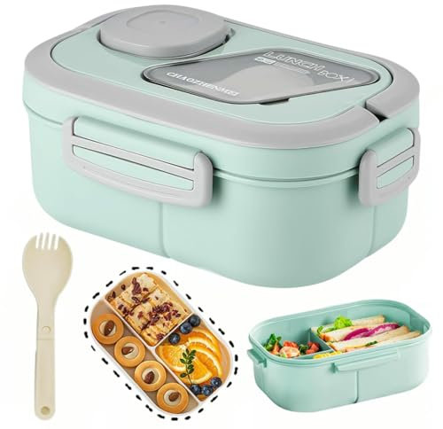 Miawtro Brotdose mit Fächern,1200ml Bento Doppelte Box,Erwachsene Brotdose,Lunchbox,Salatbox to go,Lunchboxn in Lebensmittelqualität,Bento Box Mikrowellengeeignetes(Grün)