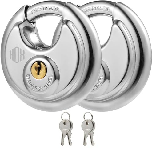 HOX Keyed Disc Padlock, Stainless Steel Keyed-Alike Padlocks, 2-Pack Heavy Duty Locks, Waterproof Outdoors Lock with 3/8 Inch Shackle, 2-3/4 Inch Wide Body, for Hasp Latch, Fences, Storage Locker