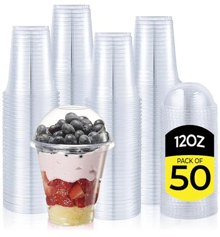 Zuvo Plastic Smoothie Cups with Dome Lids - 12 OZ (Pack of 50) - Strong Clear Plastic Cups for Milkshakes, Smoothies, Iced Coffee, Slusly and Bubble Tea - 100% Reusable Cups