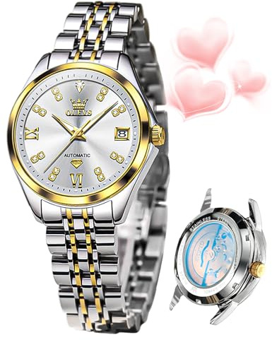 OLEVS Womens Automatic Watch Diamond Luxury Date Ladies Dress Classic Self Winding Wrist Watches Luminous Waterproof, L9801: Two tone band & White dial, Luxury Casual Classic Party Present Gift