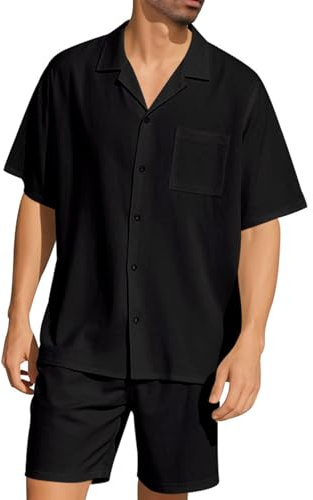 Volemo Survêtement Homme 2 Pièces Ensemble Jogging Sport Pantalon Chemise Short Été Costume Noir XL