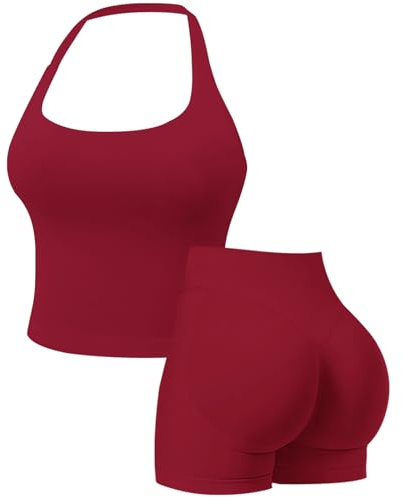 Womens Workout Sets Gym Outfits 2 Pieces Seamless Longline Halter Backless Crop Top Scrunch Bums Shorts Yoga Tracksuit