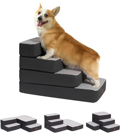 Garnpet 4-Step Adjustable Dog Stairs for Beds, Dog Steps for Small Dogs and Cats, Foldable Pet Stairs for Bed Climbing, Non-Slip Pet Step Indoor, Grey