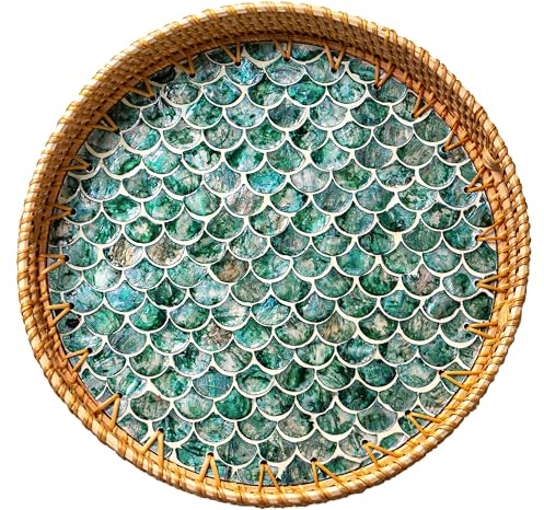 JUNGLE CULTURE Large Rattan Serving Tray 34 cm/14 with Mother of Pearl • Coastal Boho Collection • Handmade Serving Tray with Handles • Round Woven Table Trays for Home • Wicker Basket – Cascade