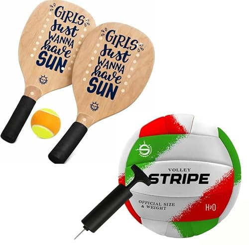 SACAR Kit Gioco Outdoor – Coppia Racchettoni Legno con Pallina + Pallone Beach Volley Stripe + Gonfiatore con Ago – Ideali per Spiaggia, Campeggio, Parco e Giardino