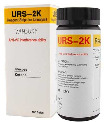 VANSUKY Bandelettes Urinaires Kétone & Glucose — Pack de 100, Dépistage Rapide à Domicile et en Clinique (Anti-VC, Qualité Médicale, Échelle de Couleurs Intégrée)