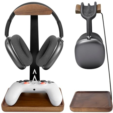 GEVO Walnut Headphone Stand, Wood Headset Stand for Desk, Universal Headphone Holder Gaming Headset Rack with Storage Base Compatible for AirPods Max, Bose, Razer, Sennheiser, Jabra, JBL, AKG