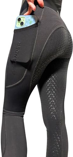 Aiya Kids Horse Riding Tights – Full Seat Silicone Grip Leggings with 5 cm Covered Waistband, Phone Pocket & 4‑Way Stretch – Breathable Compression Horse Riding Pants (Black, 22 Inch Waist)