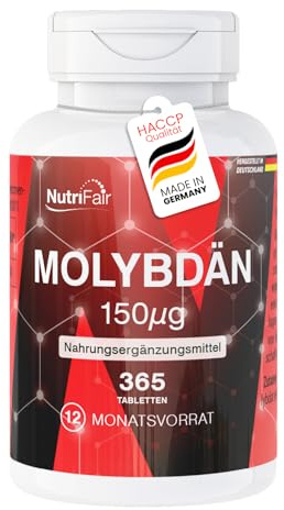 Molybden 150µg – 365 tabletter à 150µg – Natriummolybdat – Hög dos – 100% veganskt – Tysk tillverkning och laboratorietestat – NutriFair | Premium & Fair