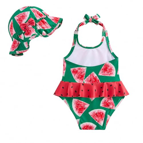 JiAmy Traje de baño para bebé con bonito sombrero, sin mangas, traje de baño entero con lazo, traje de baño de verano, 0-24 meses, sandía roja, 18-24 meses