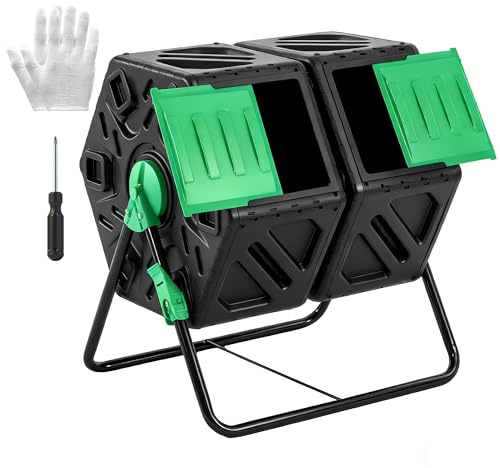 OLIXIS Compost Bin Outdoor 37 Gallon, Separated Dual Chamber Composter Tumbler Outdoor with Gloves, Efficient 360°Rotating Composting Bin for Patio, Lawn, Home Gardening and Landscape, Green