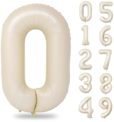 Cream Balloons for Birthday Decorations, 40 Inch Beige Helium Foil Number Balloons for Girls Boys, Birthday Balloons for Women Men Anniversary Party Supplies (Number 0)