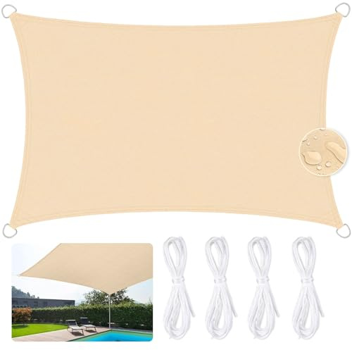 JUQG Vela de Sombra Rectangular Impermeable 3x5m, 420D Oxford Toldos de Terraza, 95% Resistente a Los Rayos UV, Cortina de Sombra para Piscina, Jardín, Terraza, Parque, Campamento - Beige