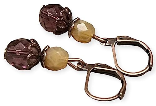 Kleine Vintage Ohrringe mit böhmischen Glasperlen - aubergine, lila, honig opal & kupfer