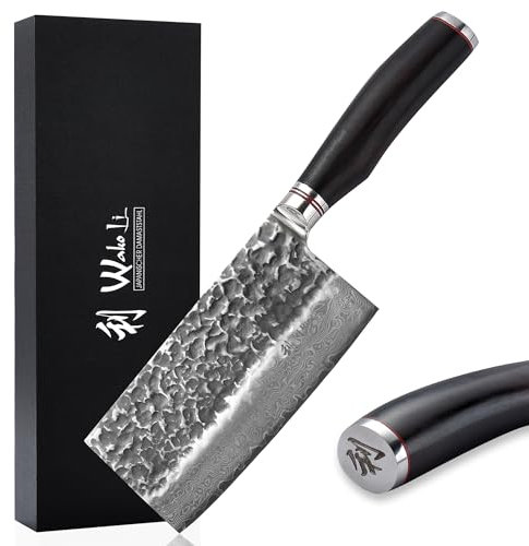 Wakoli EBO Premium Blockmesser mit 17,5 cm Klinge und Hammerschlag gefertigt aus 67 Lagen echtem Damaststahl mit schwarzem Eichenholzgriff I Damastmesser Küchenmesser und Profi Kochmesser