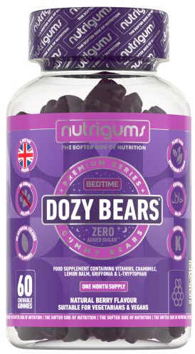 DOZYBEARS® Bedtime Gummy | 5-HTP, L-Tryptophan + Vitamins C, B2, B3, B5, B6 B12 with Chamomile and Lemon Balm to | Mixed Berry Flavour | 60 Vegan Gummies | Support Rest & Sleep | Suitable Age 12+