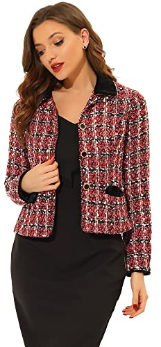 Allegra K Women's Elegant Vevelt Collared Tweed Blazer Jacket Coat Medium Red
