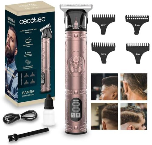 Cecotec Tagliacapelli e Rifinitore Professionale PrecisionCare Warrior. Lama Affilata ad Alte Prestazioni, 4 Pettini Guida 1-4 MM, Autonomia 120 min, Schermo, Spazzola e Olio.