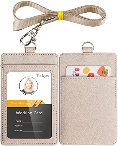 Teskyer Card Holder with Lanyard, ID Badge Holder, Oyster Card Holder, Bus Pass Holder, with Clear Window, Holding 2 Cards, PU Leather, Beige