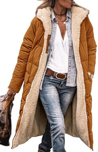 PRETTYGARDEN Winter Coats For Women 2025 Warm Full Zip Sherpa Fleece Long Puffer Jackets Outerwear (Brown,Large)