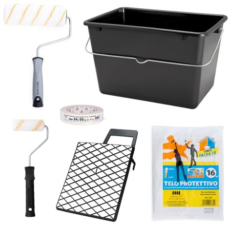 PENNELLIFICIO 2000 | Kit de 2 Rodillos con Bandeja y Retina para escurrir la Pintura, Cinta para enmascarar y Lona Protectora, Juego de Pintura, Pintura al Agua, Paredes Lisas, Cubo de 14 L - Made in