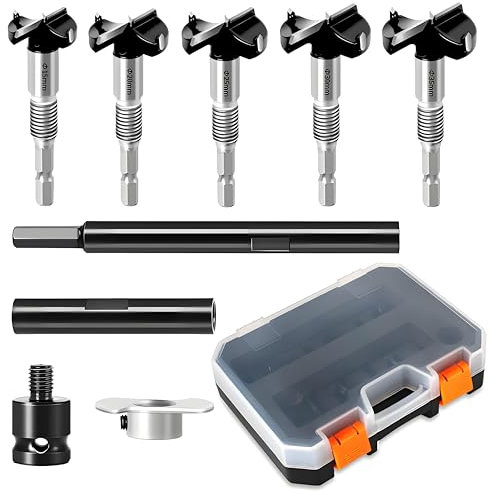 Forstner Drill Bit Set, 15/20/25/30/35mm Wood Drill Bits, Forstner Bits with Extention Rod & Adapter, Suitable For Impact Wrench, Angle Grinder, impact drill, Cordless Drill, Impact Driver...