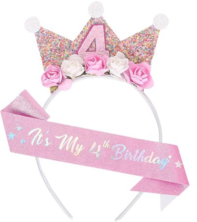FloralGrace Corona di Compleanno e Cintura 4 Anni per Ragazza, Multicolore, XL