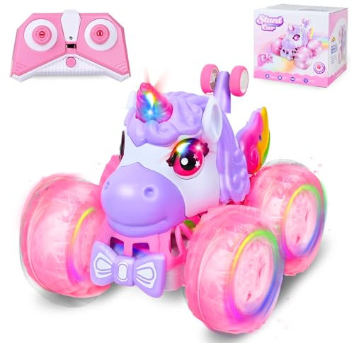 Joellfuner Voiture Télécommandée Enfant, Licorne Jouet, 360°Rotation Camion Cascadeuse avec Lumière LED, Voiture de Cascade Tout-Terrain, Jouet Cadeau Licorne pour Filles et Garçons de 3 Ans