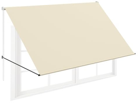 FIVMEN Tenda da sole retrattile con cordoncino e asta di supporto in alluminio, per balcone, protezione solare per finestra, terrazza, balcone, 150 x 145 cm, beige