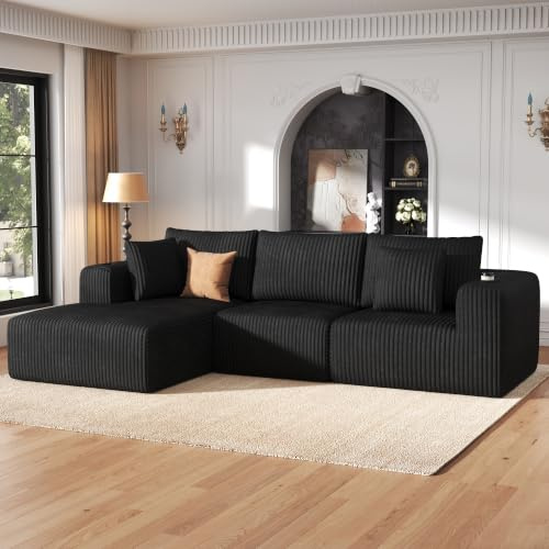 DURASPACE 275cm L-Shaped Boneless Modular Sectional Sofa, 3-4 Seater Corduroy Cloud Couch with Memory Foam& Cup Holder for Living Room & Bedroom,No Assembly