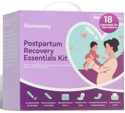 Glamommy Postpartum Recovery Essentials Kit for Women, Labor & Delivery Postpartum Care, Peri Bottle, Cooling Spray, Disposable Postpartum Underwears, Postpartum Pads, Hot&Cold Packs, Soothing Liners