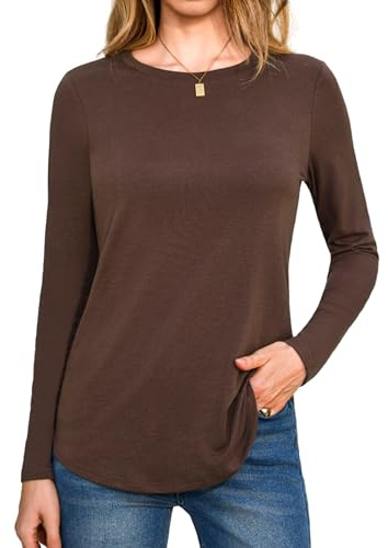 Aottori Maglietta Donna Manica Lunga Elegante Maglia Girocollo Leggero Basic Shirt Cotone Elasticizzato Sottogiacca Casual Autunno Marrone XL