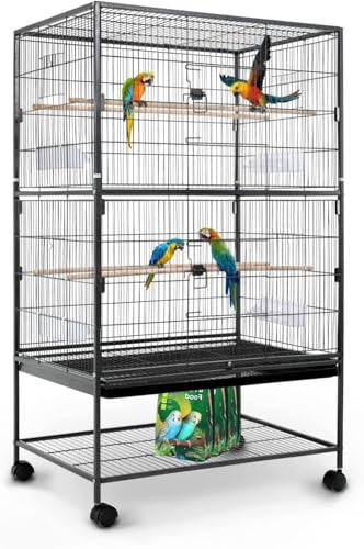 Large Rolling Black Flight Cage Stand Wheels 132x79x51.8cm Metal Bird Cage Tray For Parrot Cockatiels Quaker Parakeets Parrot Budgies Canary