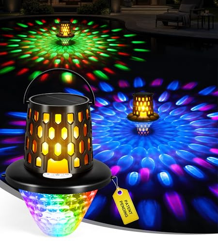 LuxBlue Poolbeleuchtung Solar mit Unterwasser Lichtshow, Schwimmende Poolbeleuchtung RGB-Farbänderungen, IP68 Wasserdichte Whirlpool Beleuchtung, Flammenlicht Pool Lichter Solar für Spa, Teich, Garten