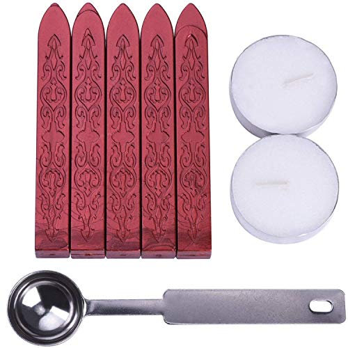Siegellack Sticks, 5 Stück Siegelwachs mit 2 Stück Kerzen und 1 Stück Löffel für Wachssiegel Briefumschläge Brief Briefeinladungskarte (Weinrot)