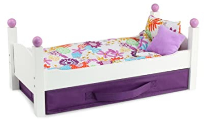 Emily Rose 18 Inch Doll Furniture - White Stackable Wooden Bed Set with Colorful Bedding & Large Clothes and Accessories Storage Bin | Fits American Girl Dolls