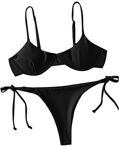 Lukitty Women's Underwire Push Up Bikini Set Balconette Tie Side String Swimsuit S Black