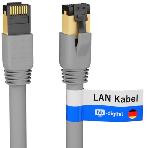 hb-digital 0,25m Patchkabel CAT 8.1 LAN nätverkskabel S/FTP PIMF 2xRJ45 Plug koppar LSZH Halogenfri RoHS-kompatibel 40 Gbits Ethernet Port 2000 MHz Internet DSL, PC, Router, Switch, Modem, TV grå
