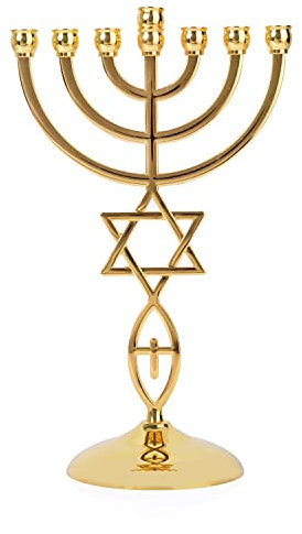 BRTAGG Bougeoirs Menorah avec 7 Branches, Hauteur 21 cm, Motif étoile de David - Décoration juive plaquée Or (modèle 3829)