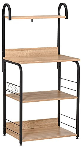HOMCOM Estantería de Cocina de 4 Niveles Estante de Cocina con Ganchos Estantería para Microondas 60x40x125 cm Madera Natural