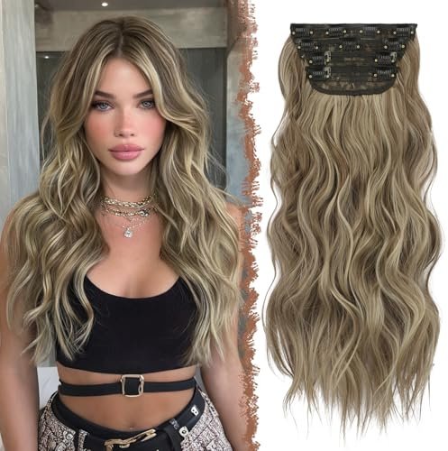 FESHFEN Clip in Hair Extensions 4 PCS Thick Highlight Hairpieces Long Wavy Clip in Hair Piece Full Head Synthetic Hair Extensions for Women, 20 Inches Caramel Brown Mixed Ash Blonde