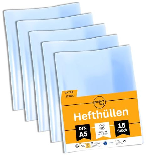 perfect line 15 Hefthüllen DIN-A5, Glas-Klar & Extra-Stark, Heftumschlag transparent, Heftschoner aus recyclebarem PP, dokumentenecht