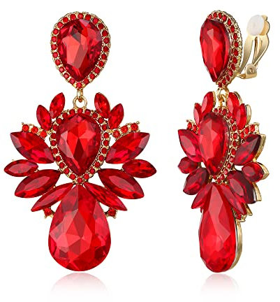 EVER FAITH Kristall Ohrclips Hochzeit Strass baumeln Vintage-Stil Tropfen-Schliff Marquise Statement Kronleuchter Clip-on Ohrringe für Damen Braut Party Rot Gold-Ton