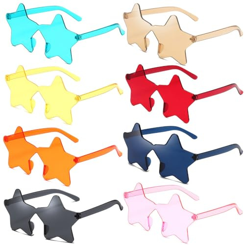 Dwenarry Stjärnformade båglösa solglasögon genomskinliga färgglada pentagram glasögon för vuxna barn festgåva – 8-pack