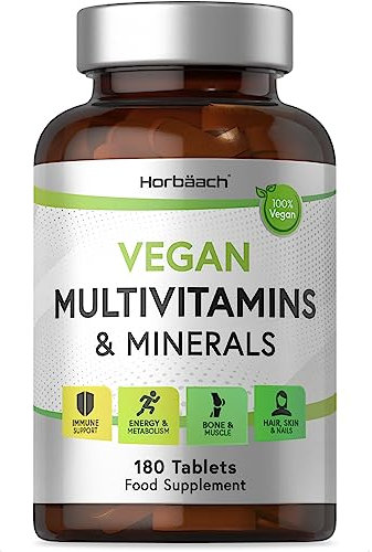 Vegan Multivitamin and Minerals with Vitamin B12, D3, and Zinc | 180 Tablets | 23 High Strength A-Z Essential Nutrients for Vegans | No Artificial Preservatives | by Horbaach