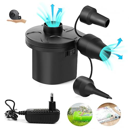 JOPHEK Pompa ad Aria Ricaricabile, DC12V/AC 230V Elettrica Portatile Con 3 Ugelli per Piscina, Campeggio, Giocattoli Gonfiabili (Senza Batteria)