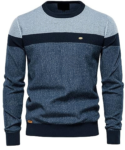 LOIJMK Pull à manches longues pour homme - Rayé - Patchwork - Col rond tendance - Pull décontracté pour homme - Avec imprimé, Marine, XL