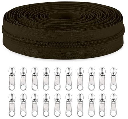 Sawoake #5 Nylon Coil Zippers by The Yard Bulk 10 Yards with 20pcs Zipper Sliders for DIY Sewing Tailor Craft Bag Garment Home Textile…(BrownishBlack)