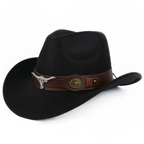 TOLASTO Cowboy Hat for Women and Men, Western Cowboy Hat, Wide Edge Chinlon Western Felt Outdoor Hat, Suitable for Men and Women, Classic Cowboy Hat, Cowboy Hat With Bull Head Ornament, Black